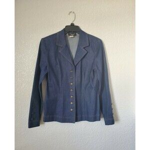 O.M.G. Collection Womens Blazer Jacket Size 8 Blue Denim yellow thread Used